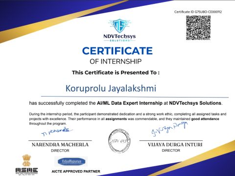 NDVTechsys AI/ML Data Expert Internship Certificate