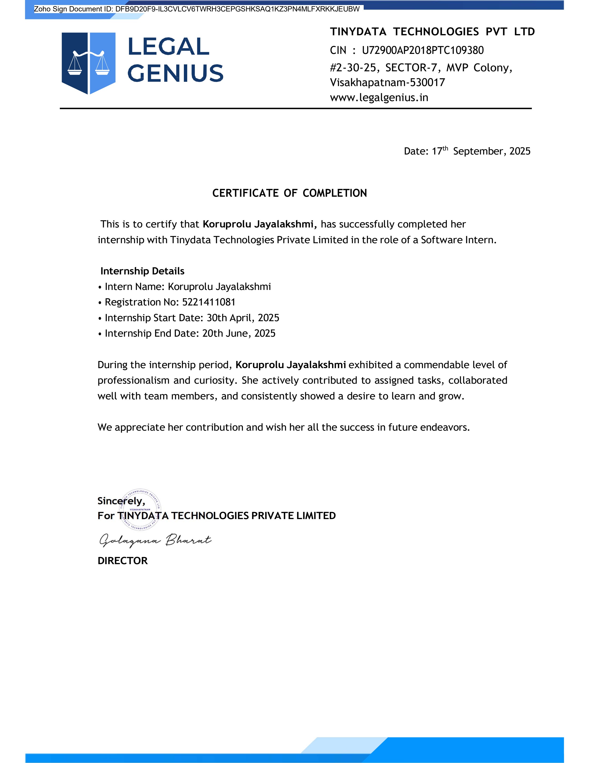 Tinydata Certificate